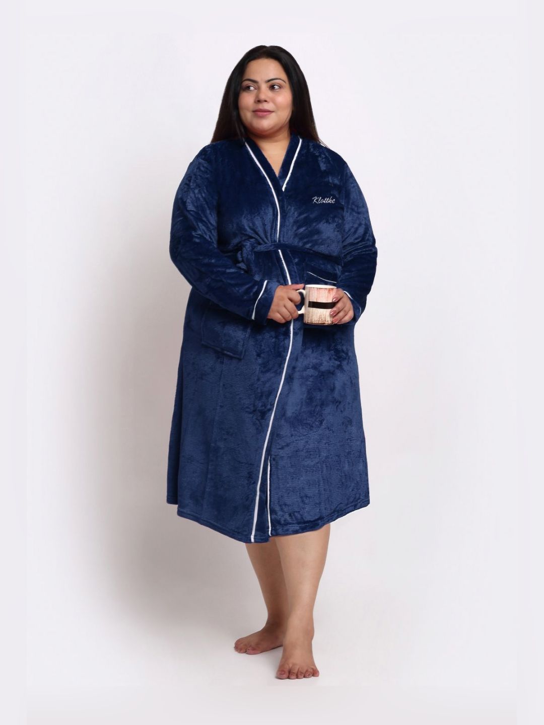 KLOTTHE Plus Size Blue Woolen Long Sleeves Bath Robe With Belt