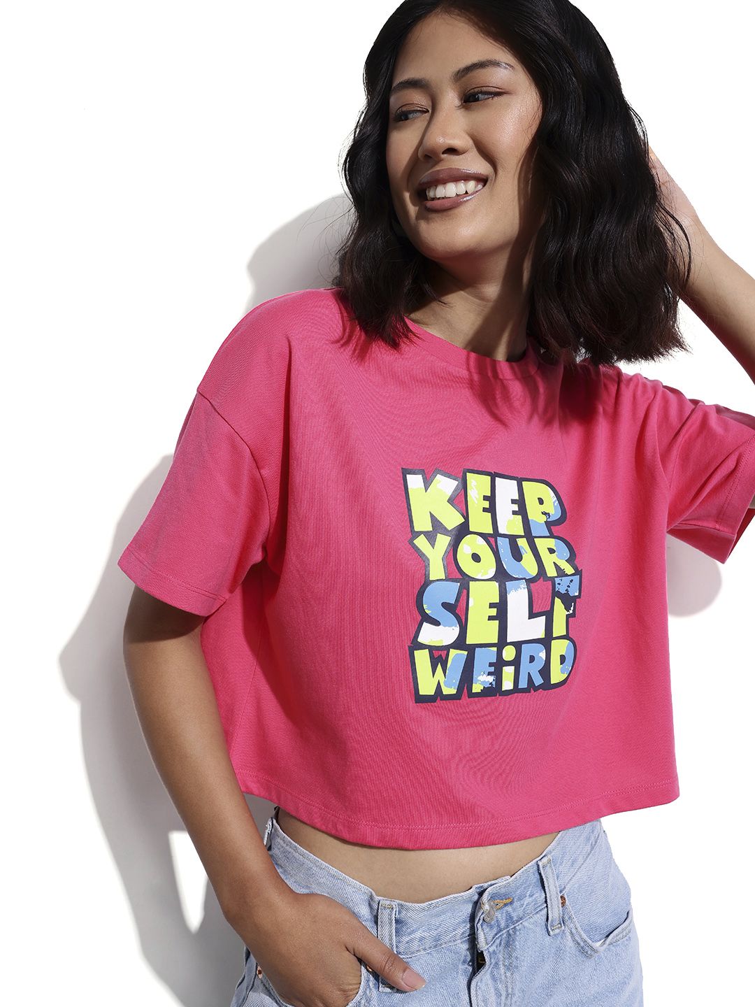 DressBerry Stay Sarcastic Drop-It Sleeves Crop Boxy T-shirt