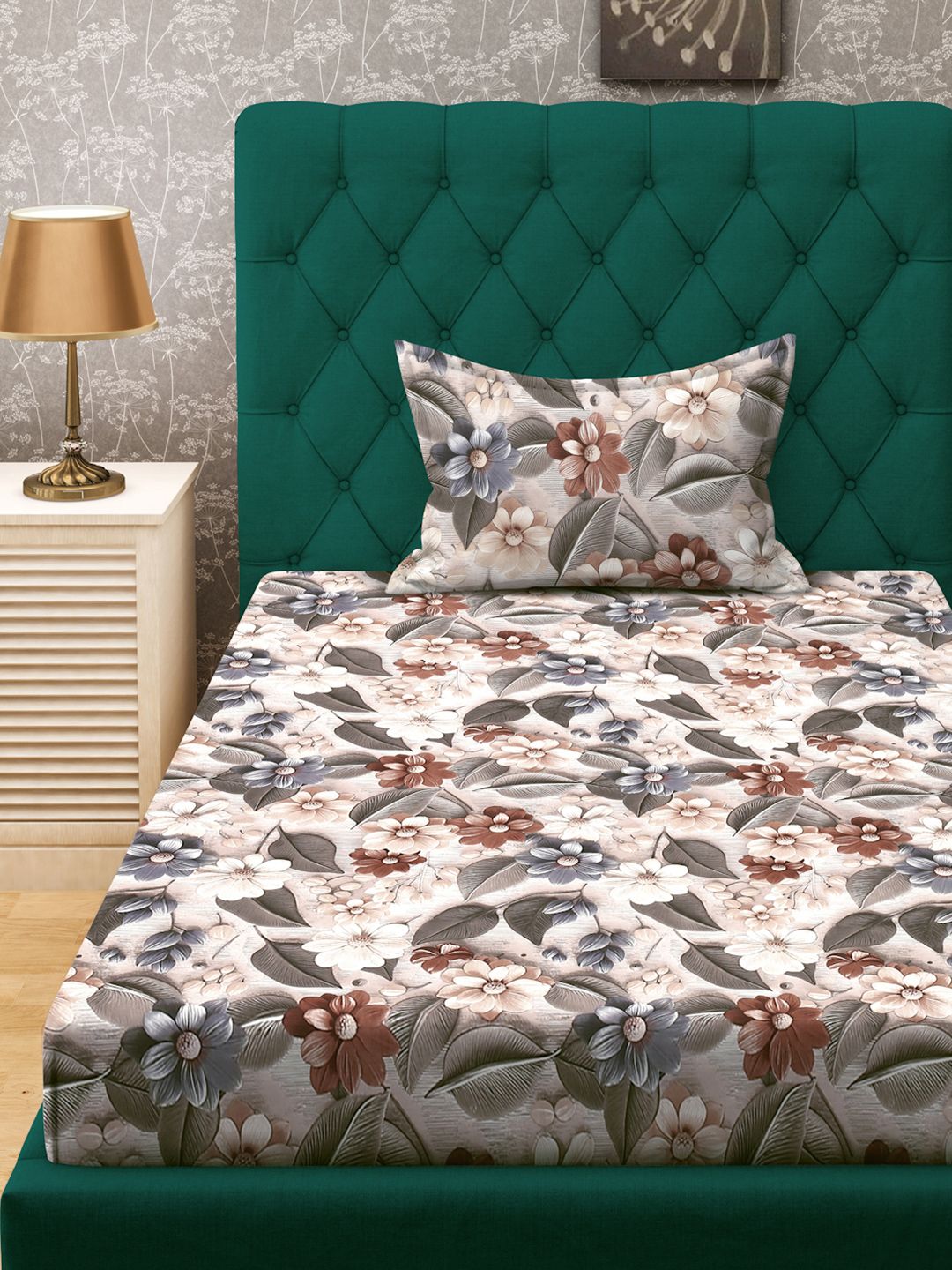 KLOTTHE Beige & Grey Floral Printed Flat 300 TC Single 7D Bedsheet With Pillow Cover