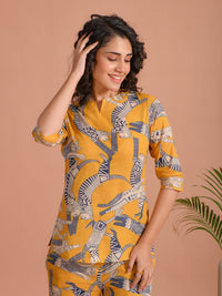 Sanskrutihomes bercetak leher Tunik Kapas Tulen dengan seluar bersama set