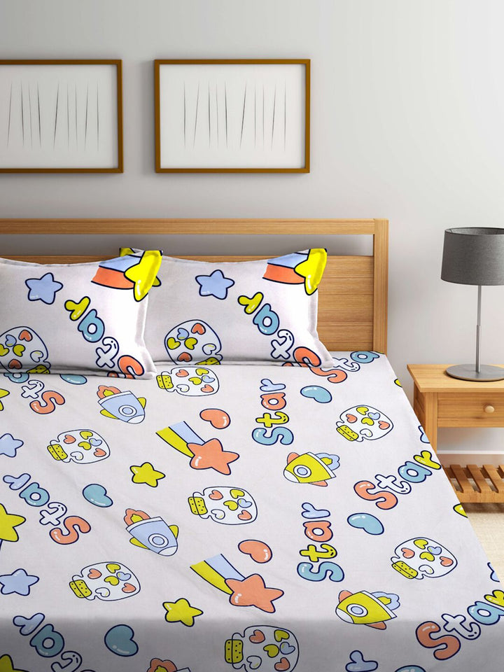 KLOTTHE Meadows Blue Cartoon Fitted 300 TC King Bedsheet with 2 Pillow Covers-250X225 cm