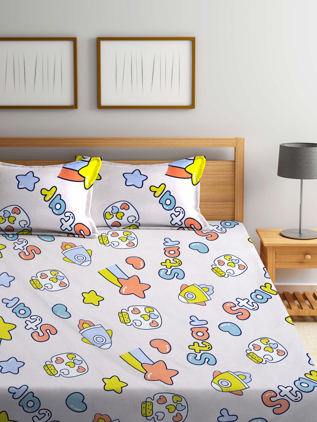 KLOTTHE Meadows Blue Cartoon Fitted 300 TC King Bedsheet with 2 Pillow Covers-250X225 cm