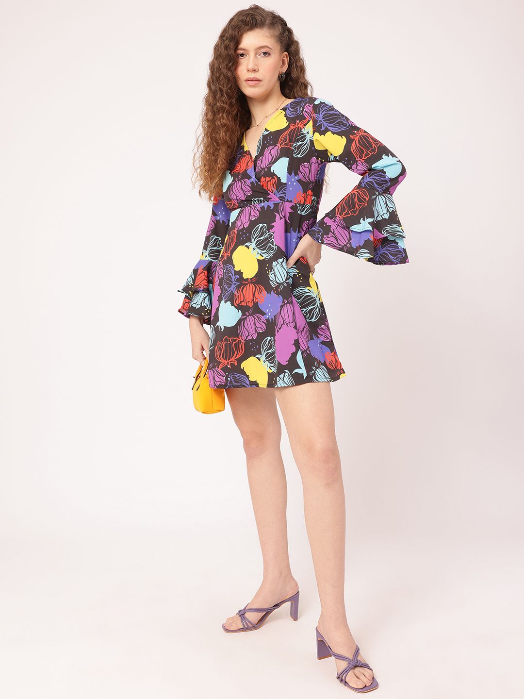 DressBerry Funky Florals Printed Bell Sleeve Mini A-line Dress