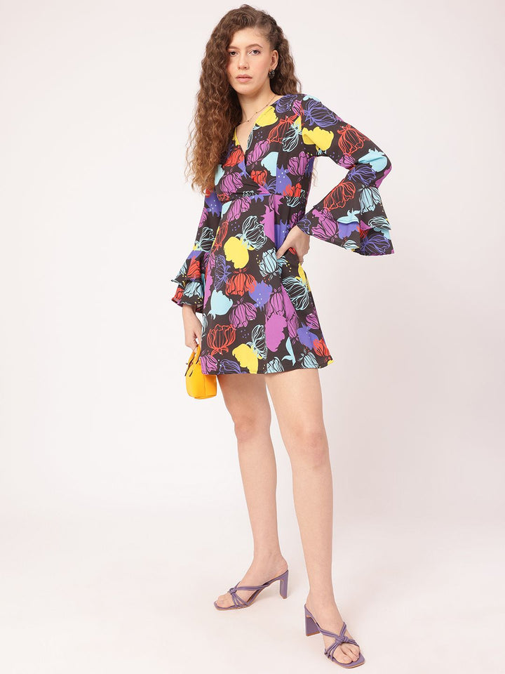 DressBerry Funky Florals Printed Bell Sleeve Mini A-line Dress