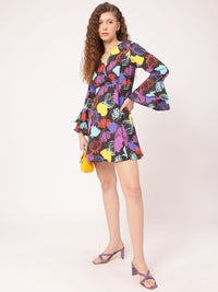 DressBerry Funky Florals Printed Bell Sleeve Mini A-line Dress