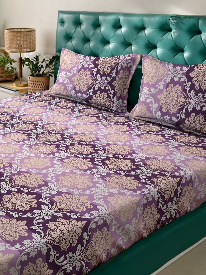 KLOTTHE Purple Ethnic Motifs Polycotton Skin-Friendly 300 TC King Fine Bedsheet with 2 Pillow Covers-98 x 89 inches
