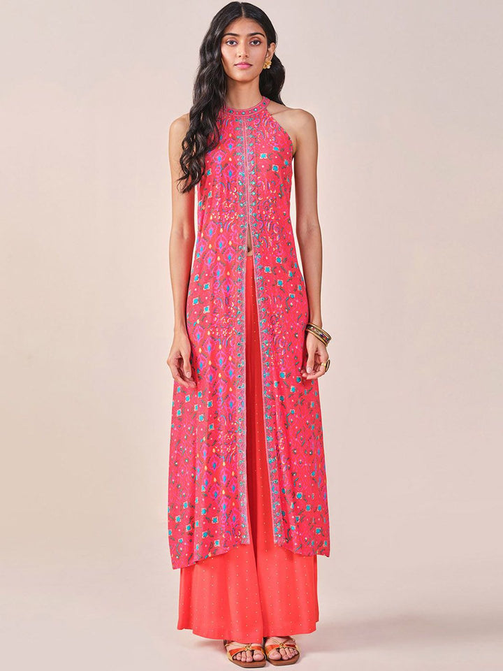 Global Desi Ethnic Motifs Printed Halter Neck Thread Work Kurta with Palazzos