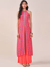 Global Desi Ethnic Motifs Printed Halter Neck Thread Work Kurta with Palazzos
