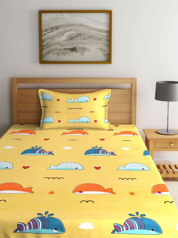 Myntra Elegant Homes Yellow & Blue Printed 300 TC Single Bedsheet Set 2.2 m x 1.5 m