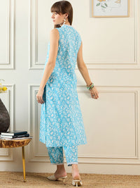 Indo Era Floral Printed V-Neck Pure Cotton Tunic & Trouser