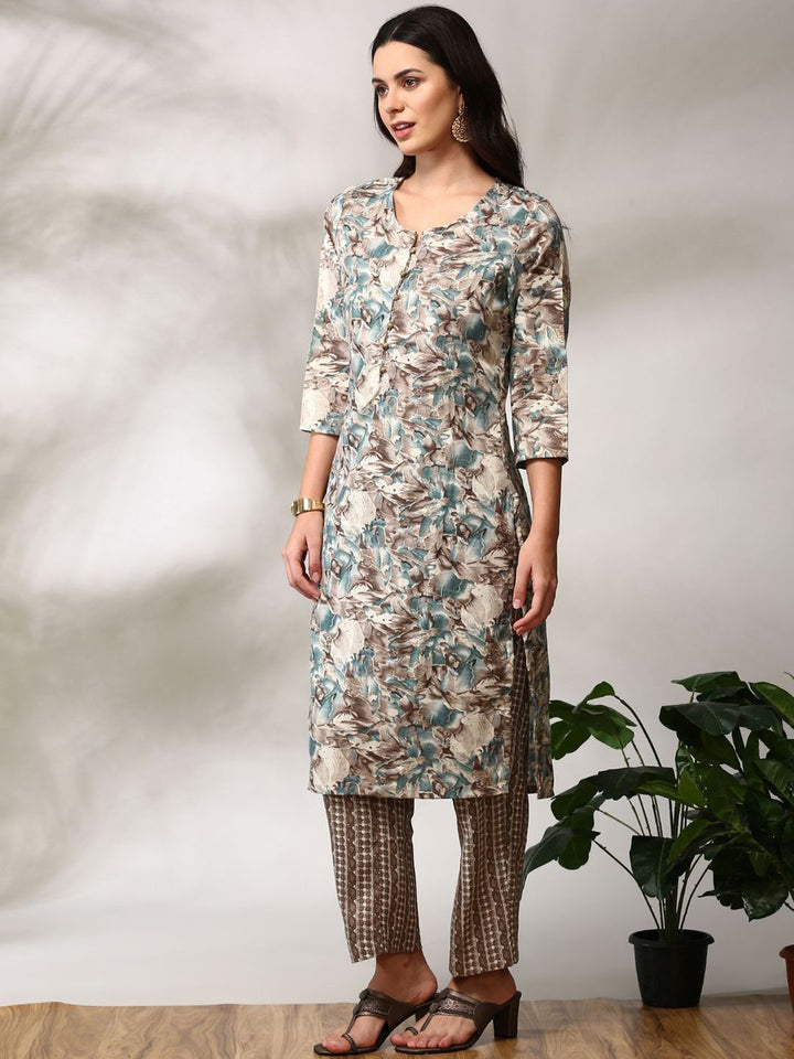 Anouk Floral Printed Regular Straight Kurta with Trousers