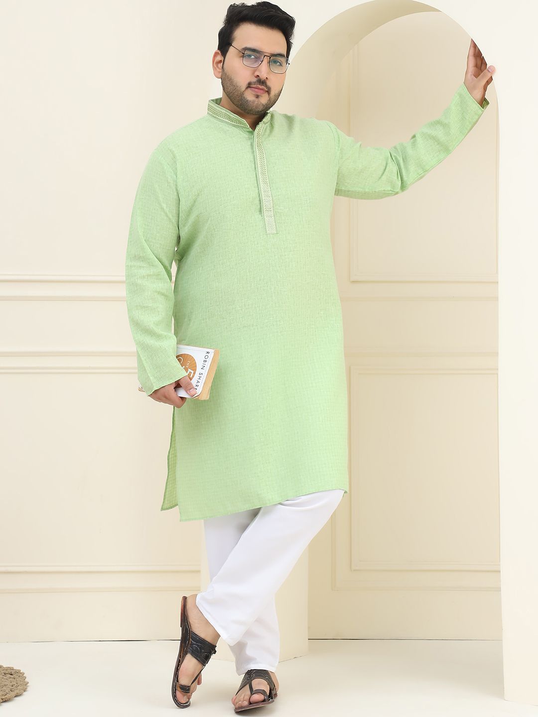 SOJANYA PLUS Woven Design Mandarin Collar Pure Cotton Straight Kurta with Pyjamas