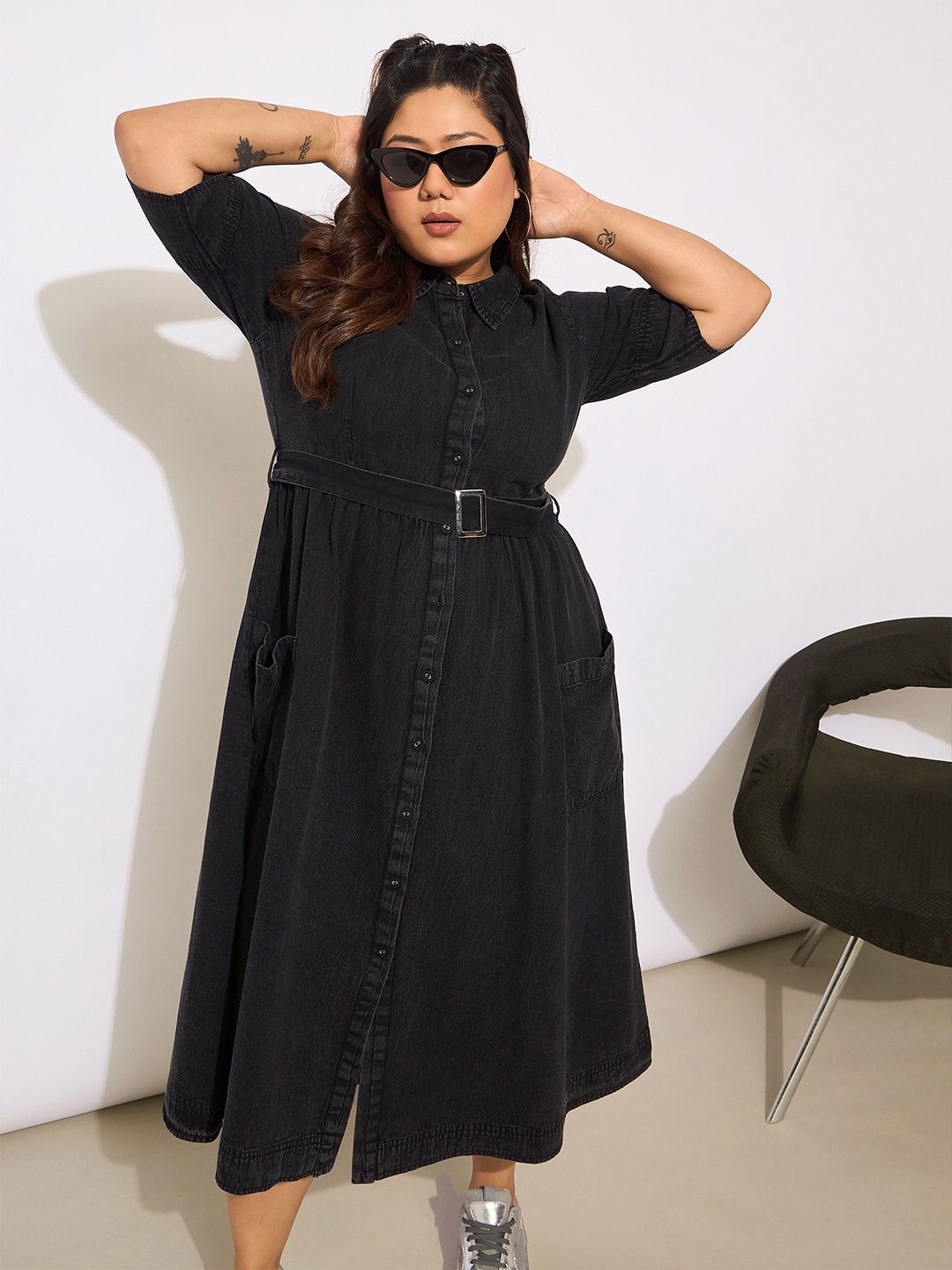 Sassafras Curve Women Shirt Collar Lengan Pendek Baju Midi Pakaian