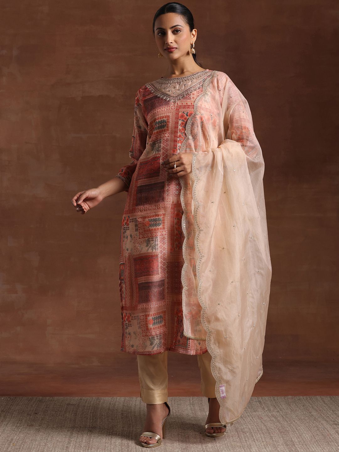 Libas Ethnic Motifs Printed Organza Straight Kurta With Trouser & Dupatta