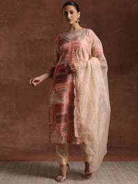 Libas Ethnic Motifs Printed Organza Straight Kurta With Trouser & Dupatta