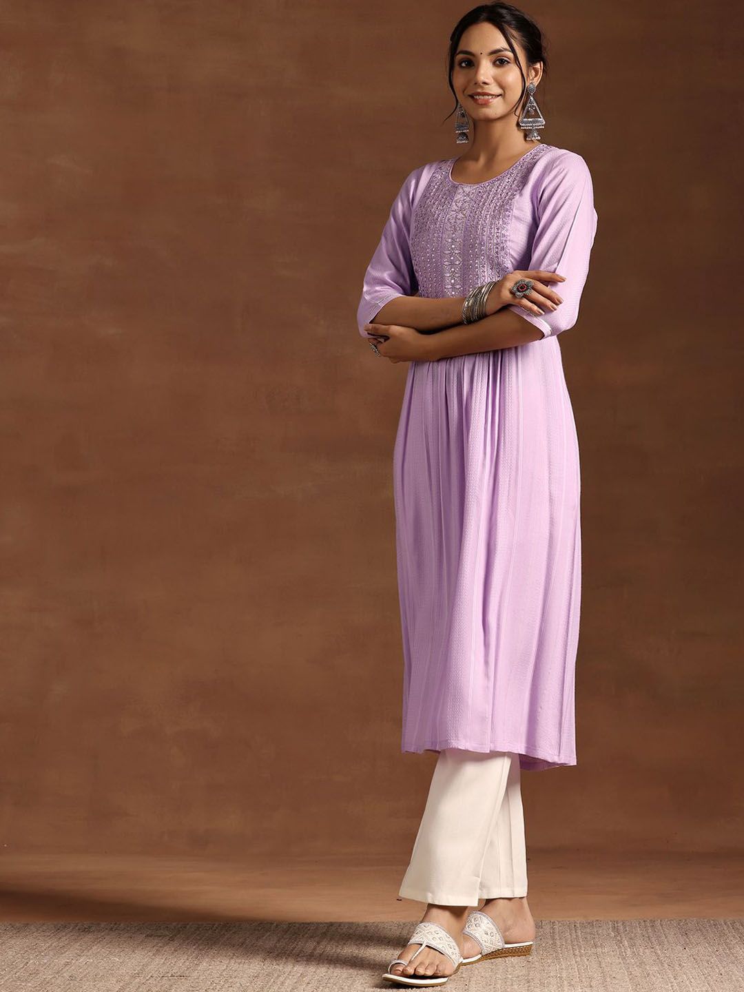 Libas Lavender Floral Yoke Design Sequined Pleated Detail Anarkali Kurta