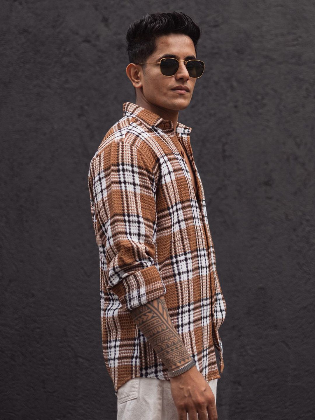 Powerlook Men Spread Collar Tartan Checked Casual Shirt