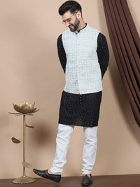 Anouk Embroidered Sequinned Pure Cotton Straight Kurta With Churidar & Nehru Jacket