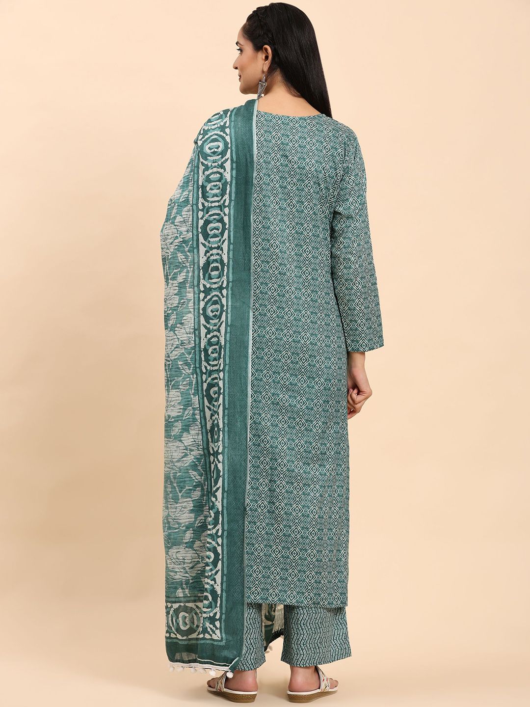 Mamicha Wanita Bercetak Kurta Kapas Tulen Biasa dengan Palazzos & Dengan Dupatta