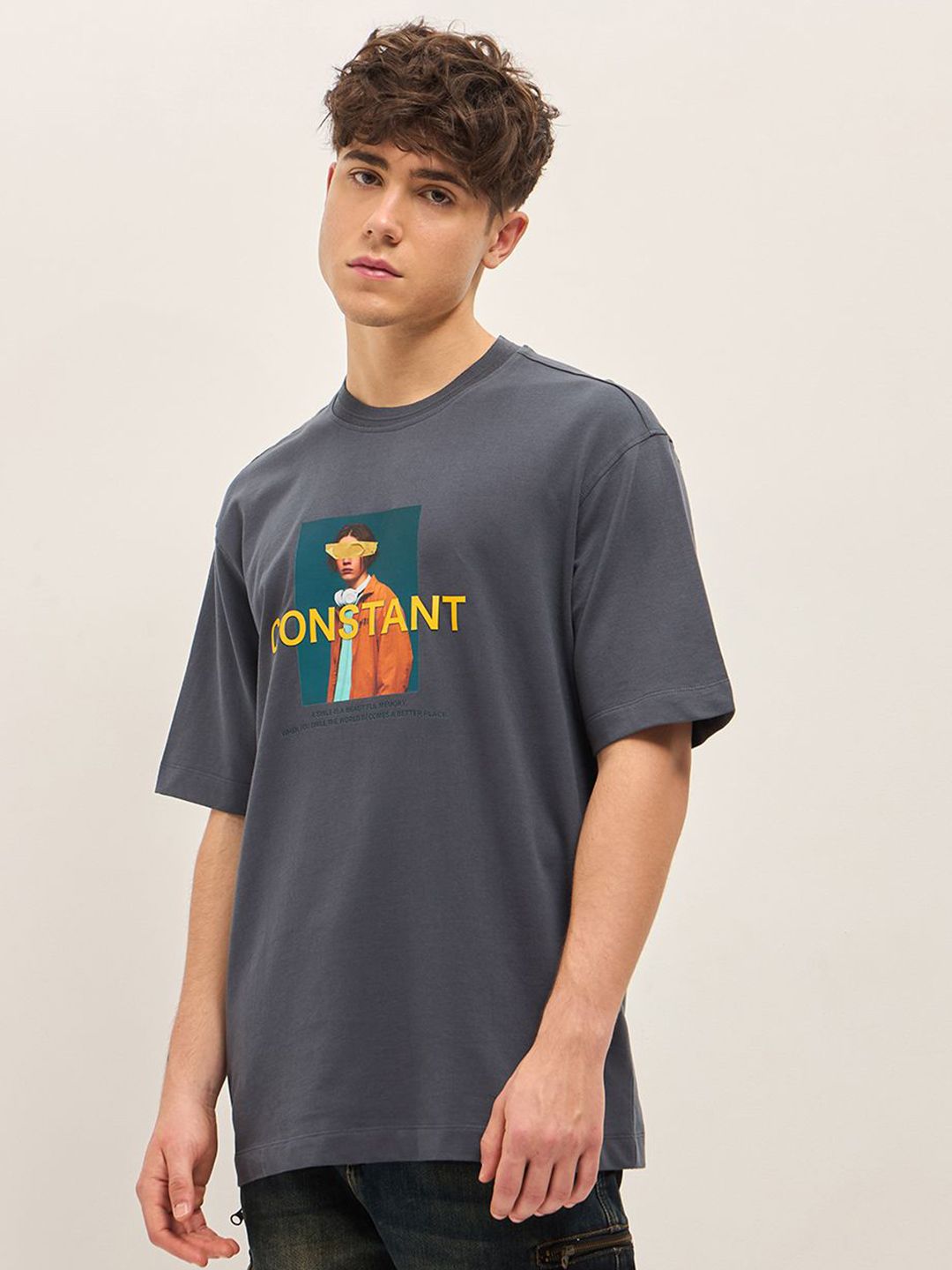 THE BEAR HOUSE Typography Printed Drop Shoulder Sleeves Cotton Oversized T-shirt