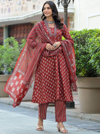 KALINI Floral Printed V-Neck Thread Work A-Line Kurta With Trousers & Dupatta