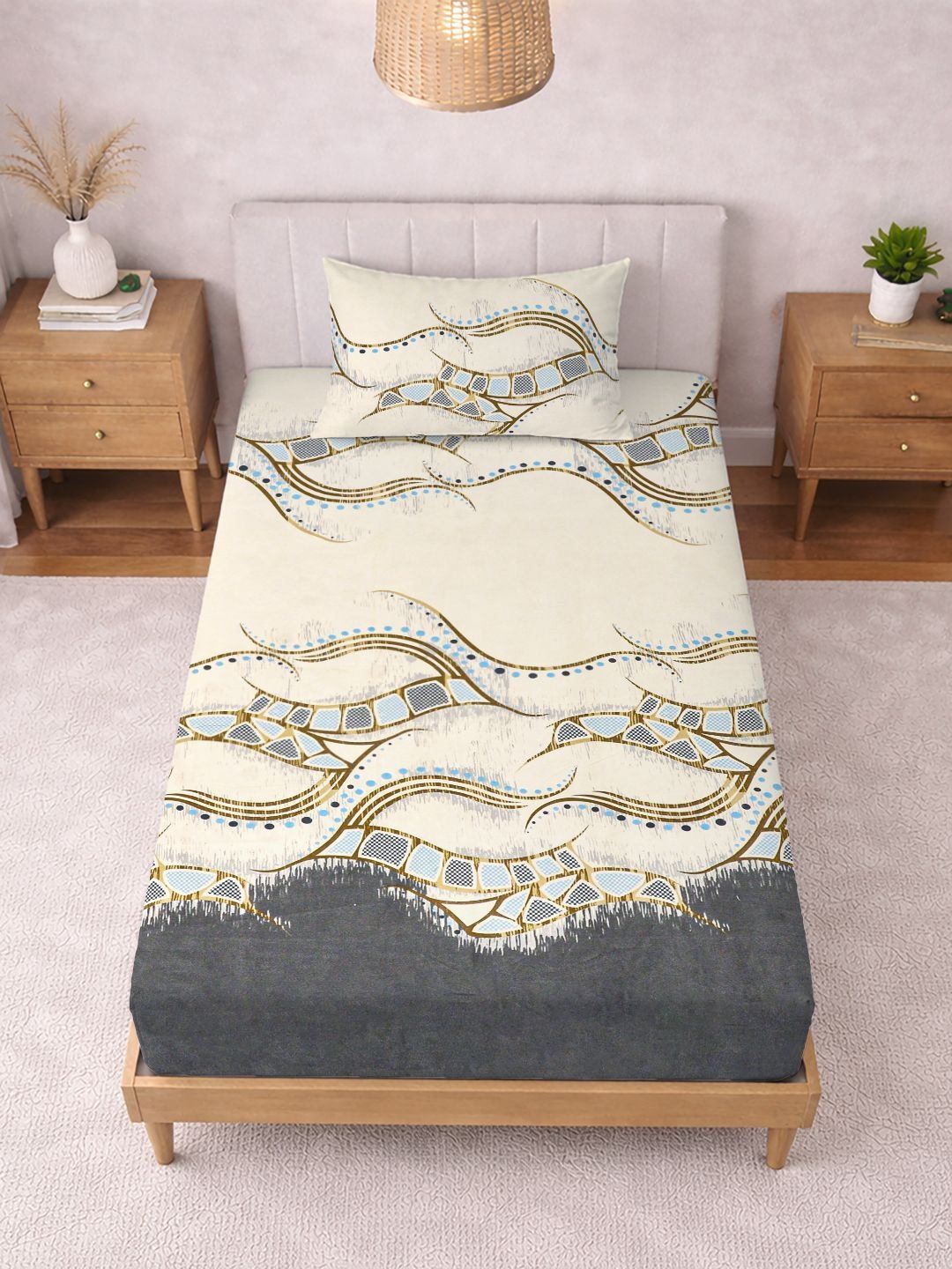 KLOTTHE Warna Krim & Bercetak Kelabu 300 TC Cadar Bujang & Sarung Bantal- 2.25 m x 1.5 m