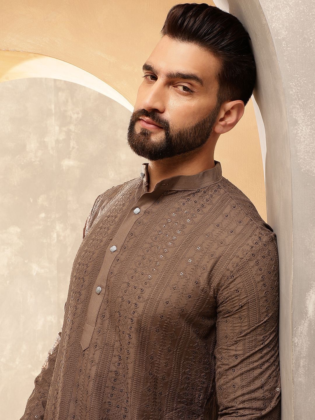 Anouk Dark Brown Embroidered Sequinned Mandarin Collar Pure Cotton Kurta With Trouser