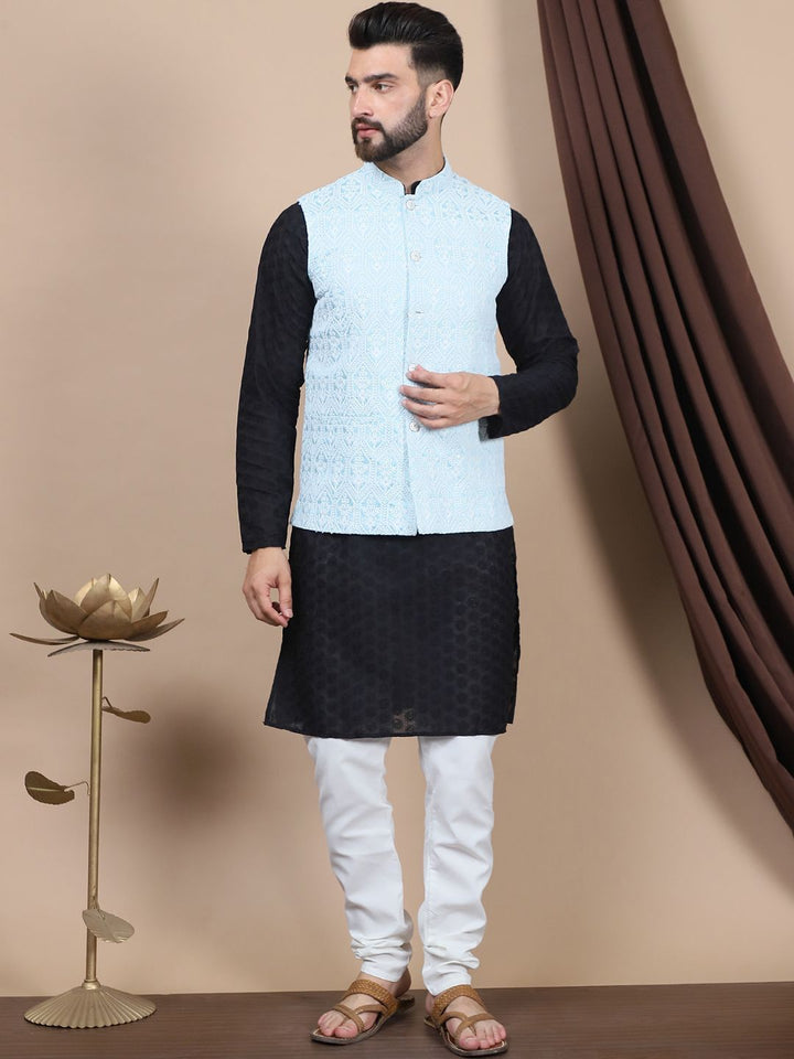 Anouk Black Geometric Woven Design Pure Cotton Straight Kurta & Churidar & Nehru Jacket
