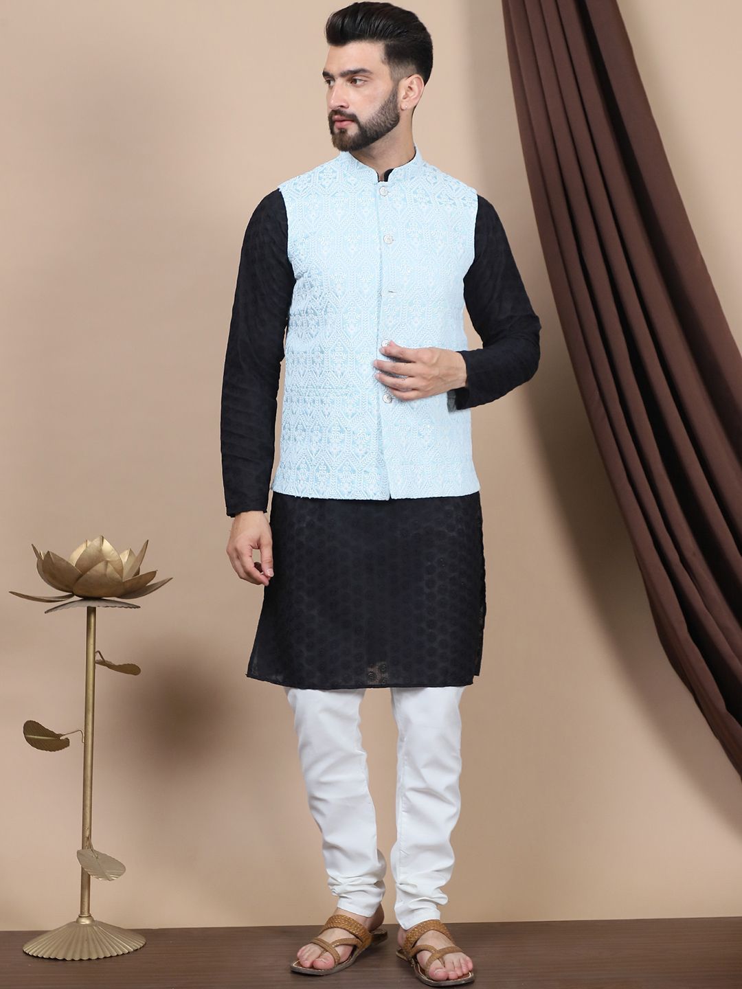 Anouk Black Geometric Woven Design Pure Cotton Straight Kurta & Churidar & Nehru Jacket