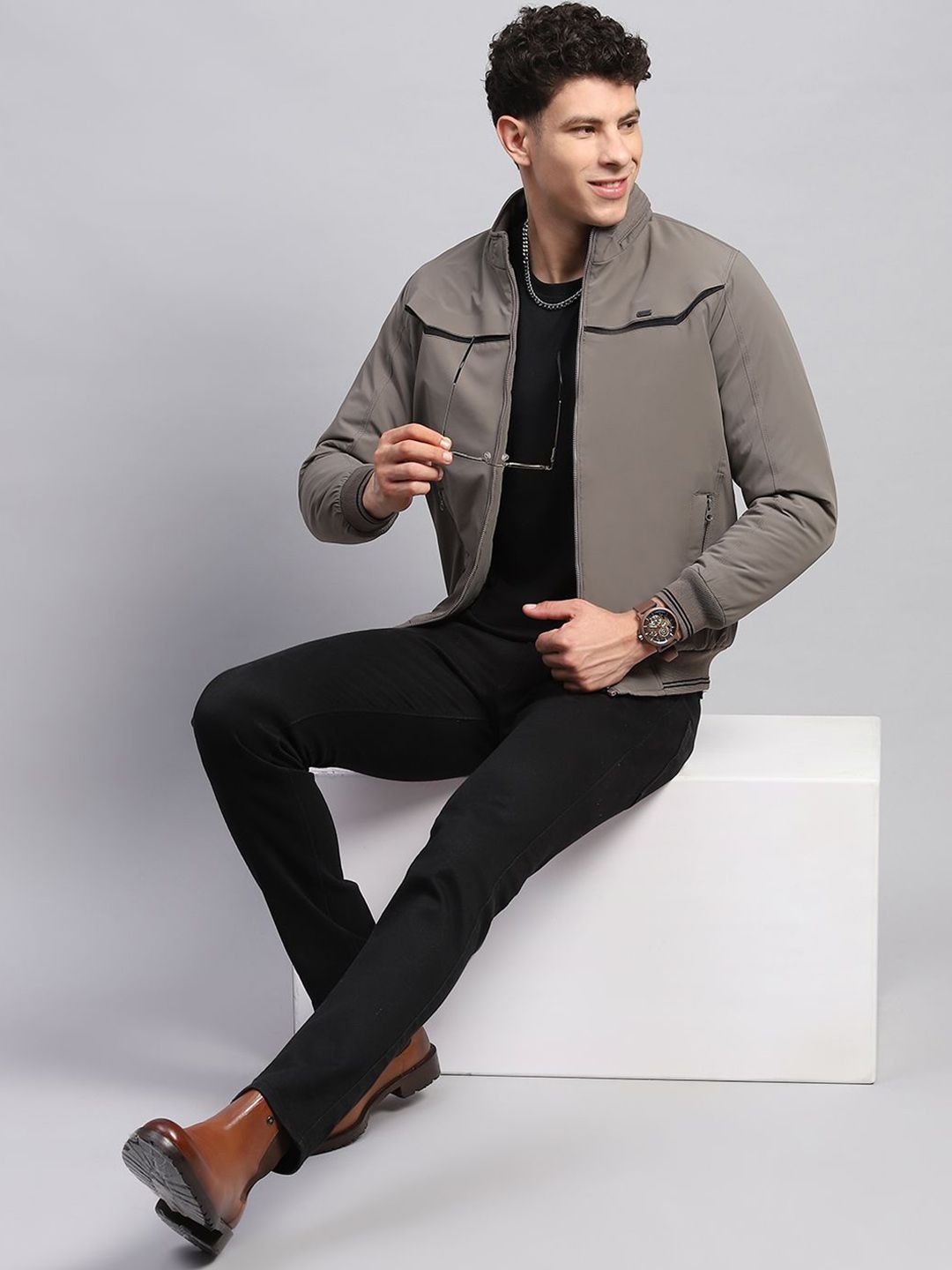 Monte Carlo Men Mock Collar Solid Casual Bomber Jacket