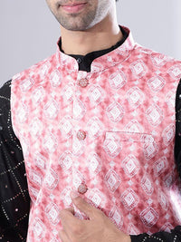 Kurta Kapas Sulam Geometri Lelaki Anouk Dengan Piyama & Jaket Nehru Coral Bercetak
