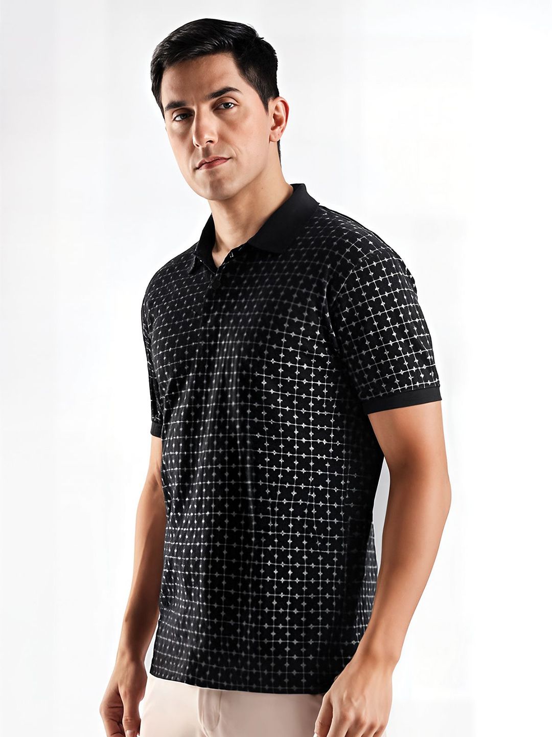ADRO Geometric Printed Polo Collar Cotton T-shirt