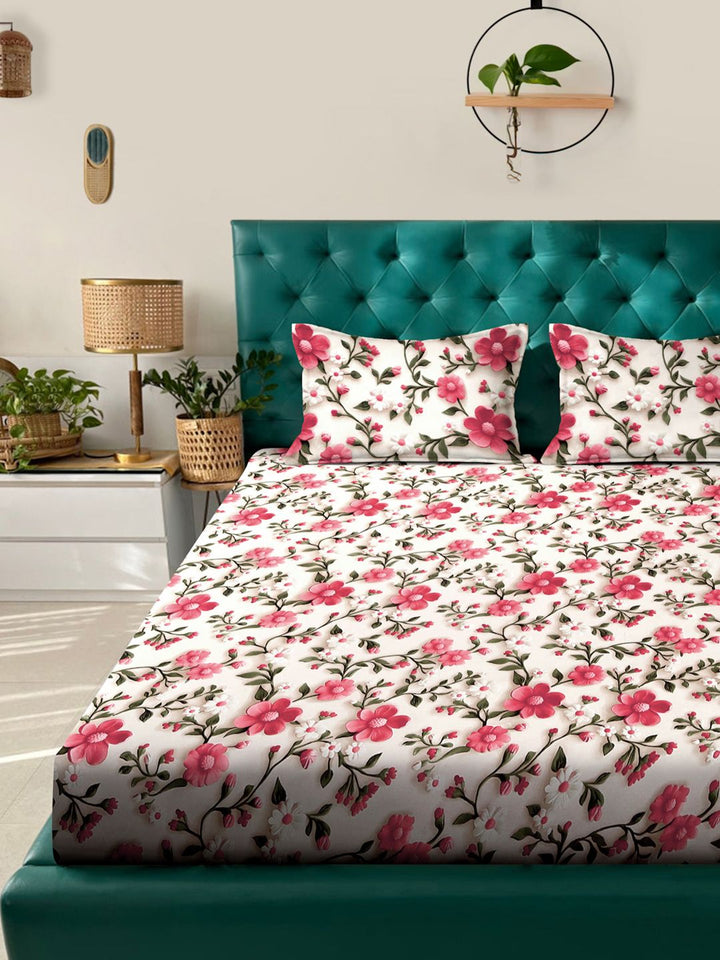 KLOTTHE Cream & Pink Floral Printed Flat 300 TC King Double 7D Bedsheet & 2 Pillow Cover