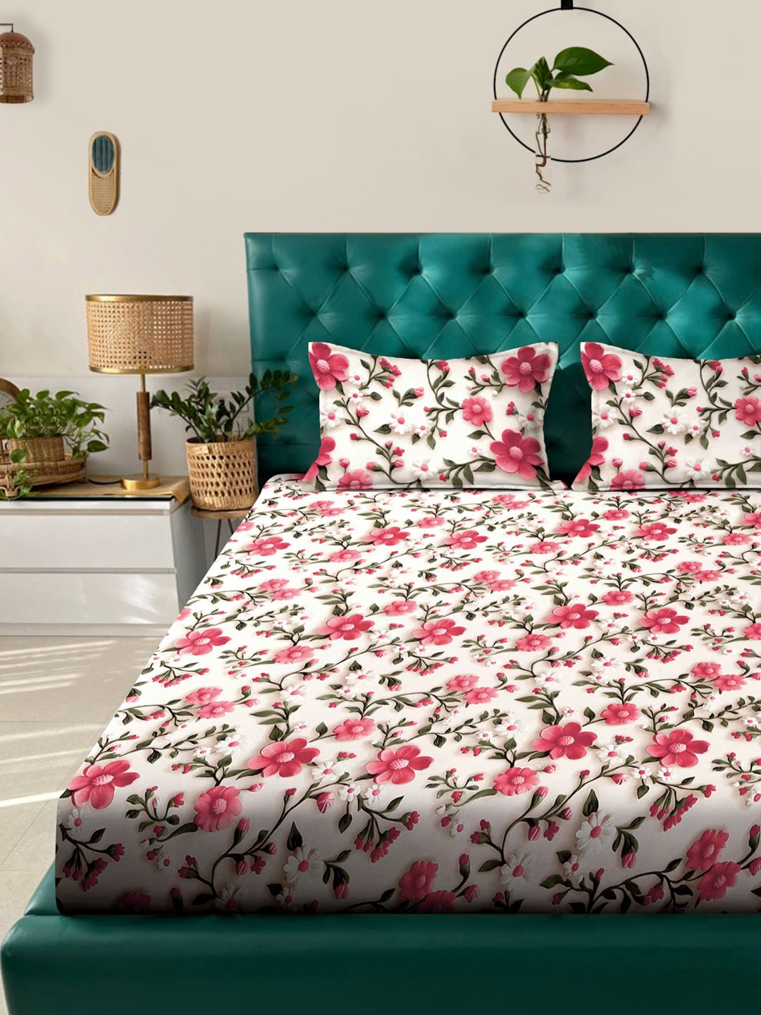 KLOTTHE Cream & Pink Floral Printed Flat 300 TC King Double 7D Bedsheet & 2 Pillow Cover