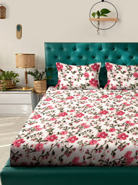 KLOTTHE Cream & Pink Floral Printed Flat 300 TC King Double 7D Bedsheet & 2 Pillow Cover