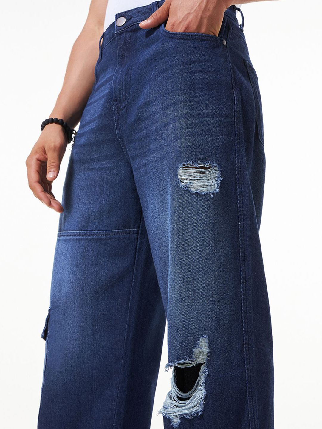 Bewakoof Men Pure Cotton Straight Fit High-Rise Highly Distressed Light Fade Jeans