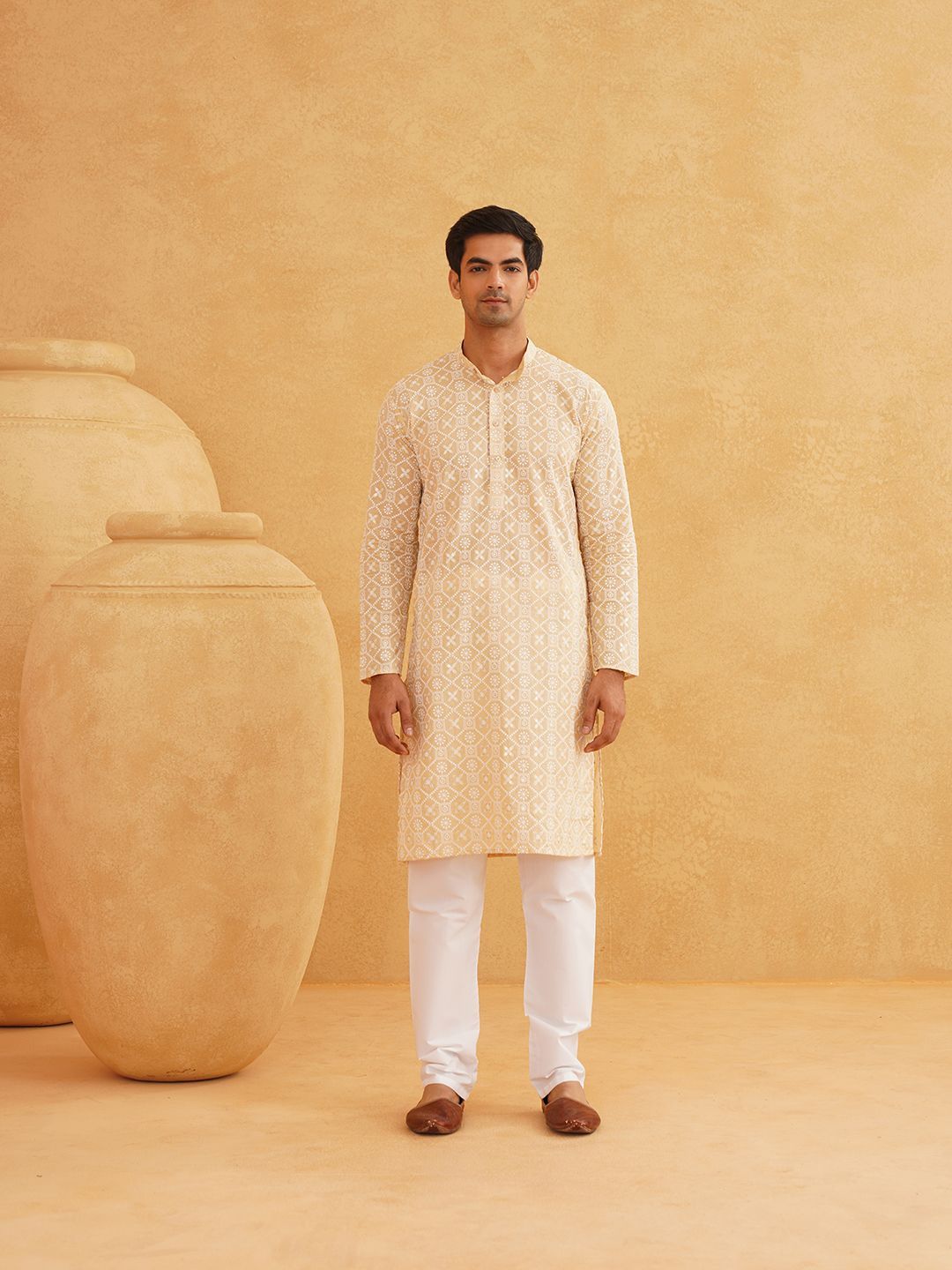 SOJANYA Floral Embroidered Sequinned Band Collar Pure Cotton Kurta With Churidar