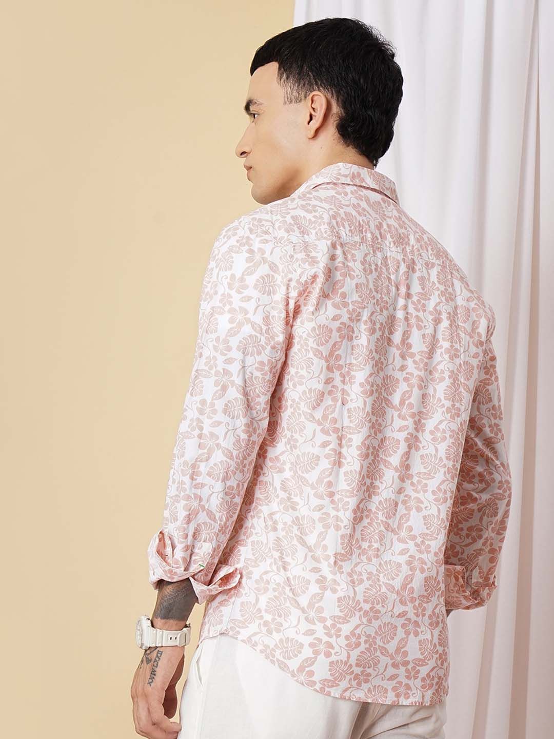 The Indian Garage Co Men White & Peach-Coloured Floral Printed Casual Shirt