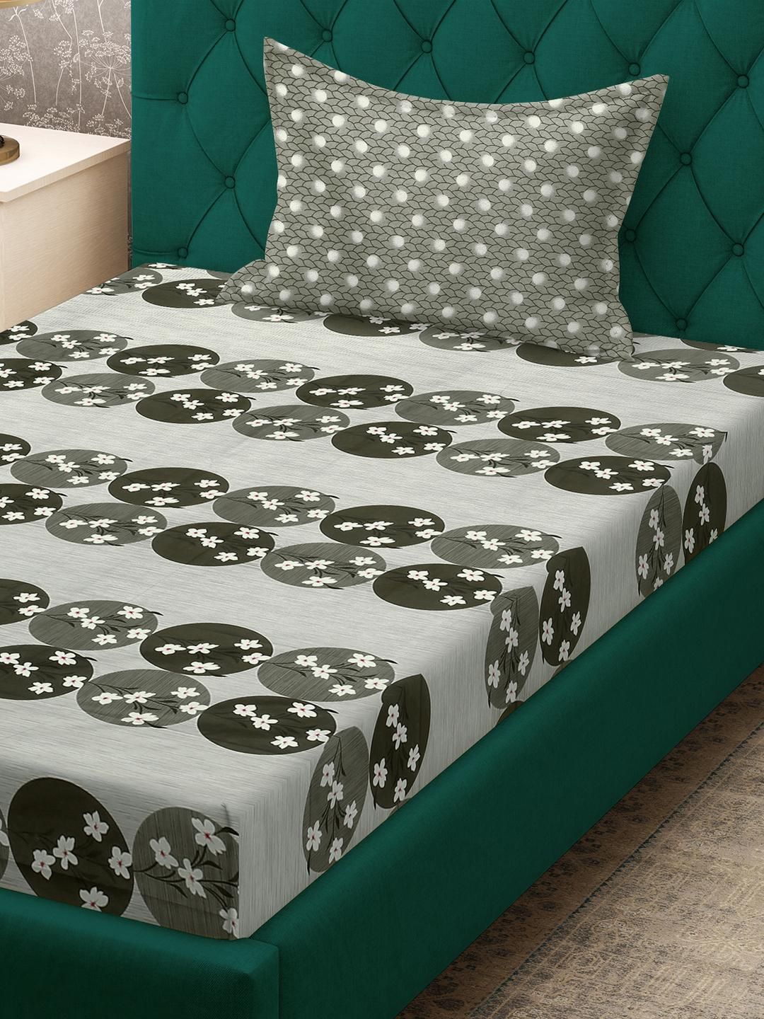 KLOTTHE Olive Floral Cotton Single Bedsheets