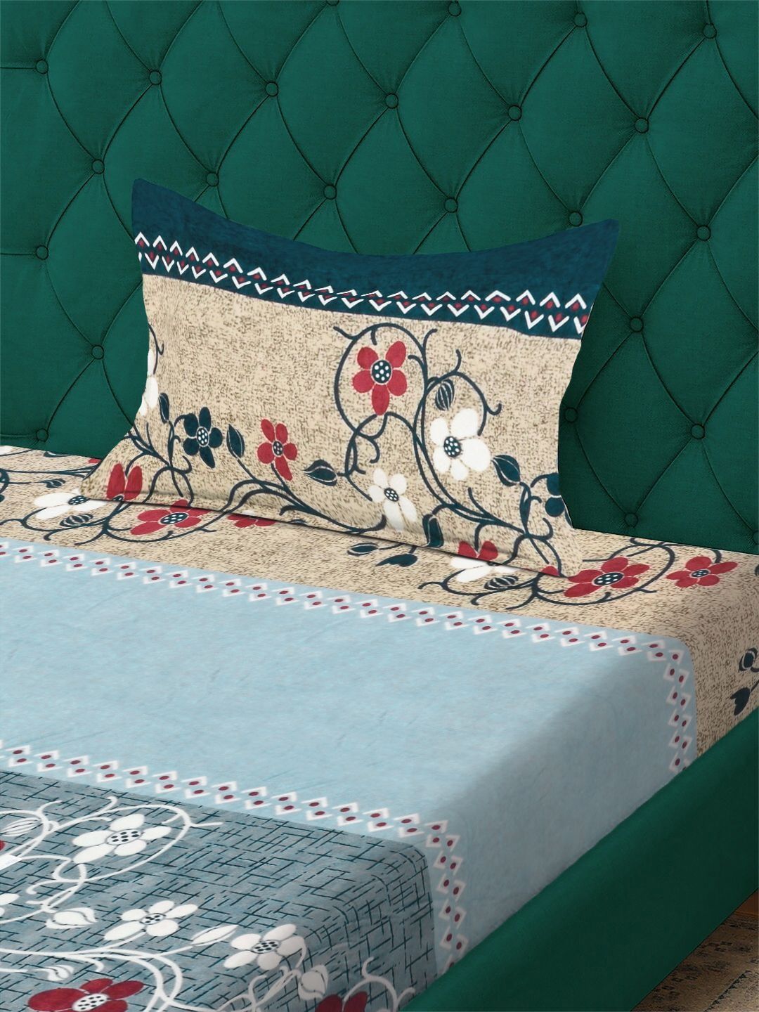 KLOTTHE Blue & White Floral Printed 300 TC Woolen Single Bedsheet With 1 Pillow Cover