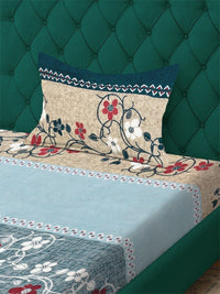 KLOTTHE Blue & White Floral Printed 300 TC Woolen Single Bedsheet With 1 Pillow Cover