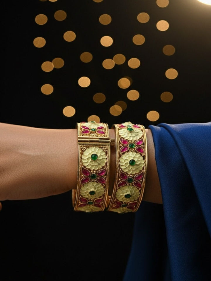 PANASH Set Of 2 24KT Gold-Plated Ruby & Emerald Stones Studded Flower Shaped Bangles