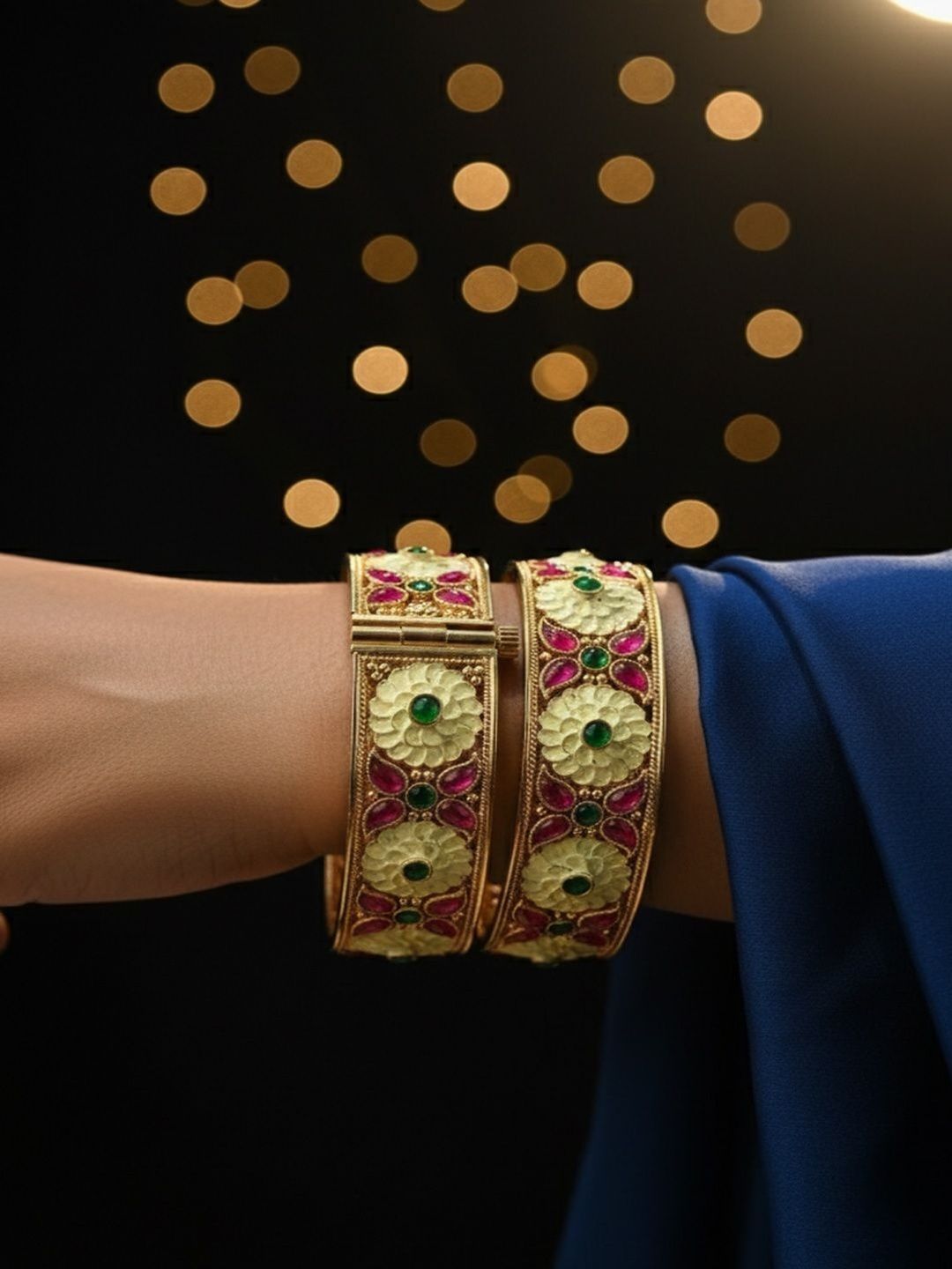 PANASH Set Of 2 24KT Gold-Plated Ruby & Emerald Stones Studded Flower Shaped Bangles
