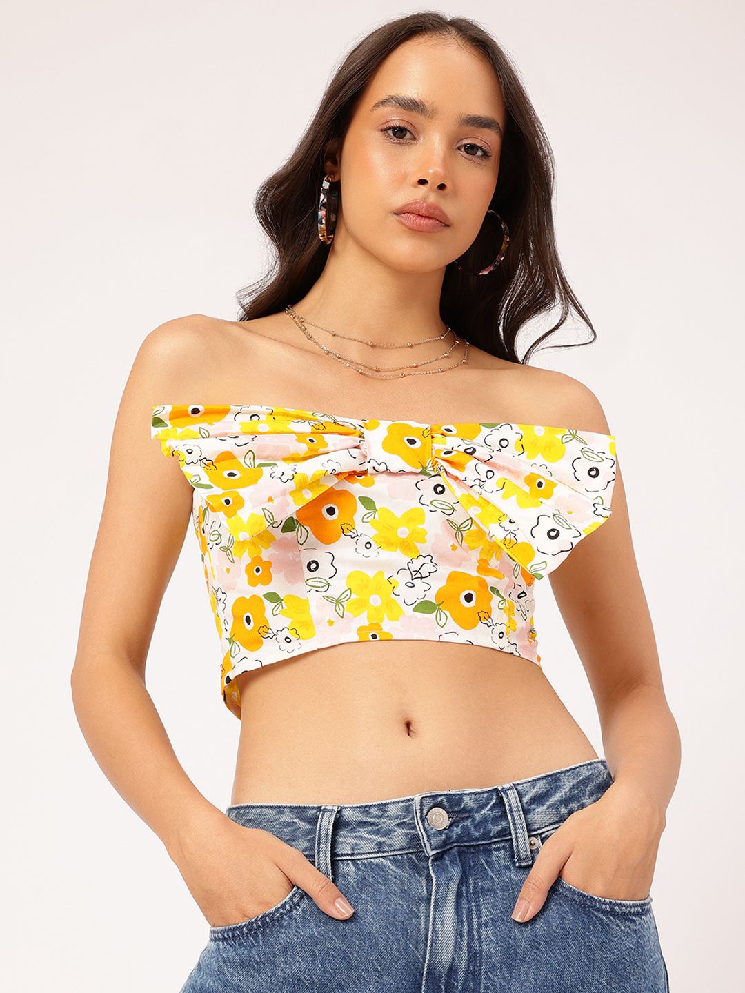 DressBerry Floral Frenzy Bow-Front Smocked Tube Crop Top