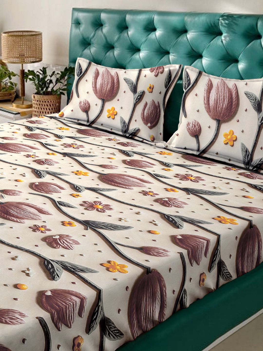 KLOTTHE Cream & Brown Floral Printed Fitted 300 TC King 7D Bedsheet With 2 Pillow Cover