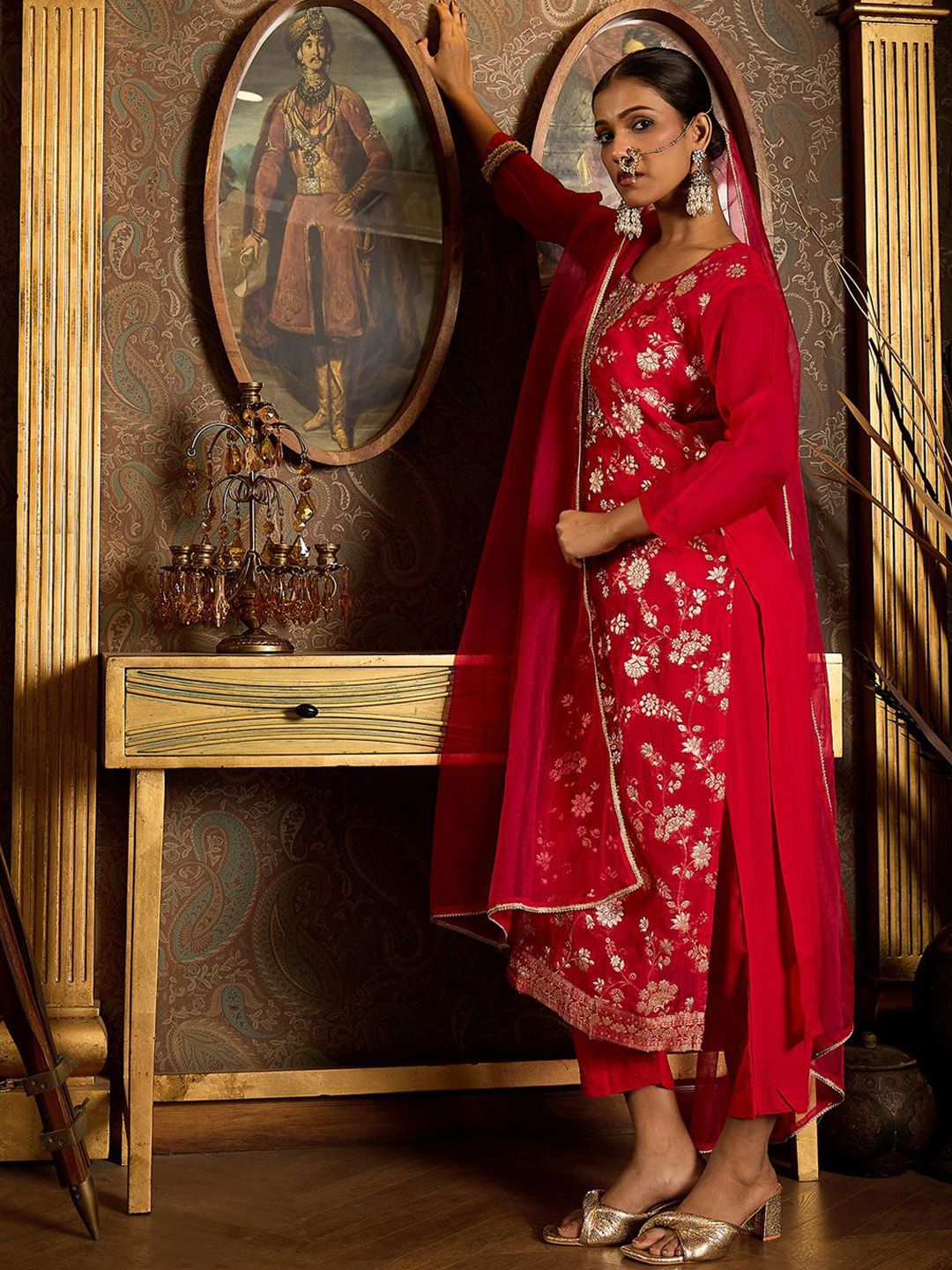 Indo Era Floral Zari Embroidered Straight Kurta with Trouser & Dupatta