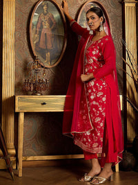 Indo Era Floral Zari Embroidered Straight Kurta with Trouser & Dupatta