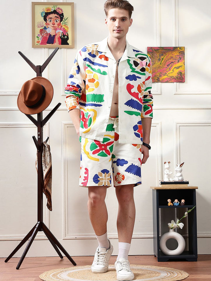 Eszett Ethnic Motifs Printed Spread Collar Oversized Pure Cotton Shirt With Shorts