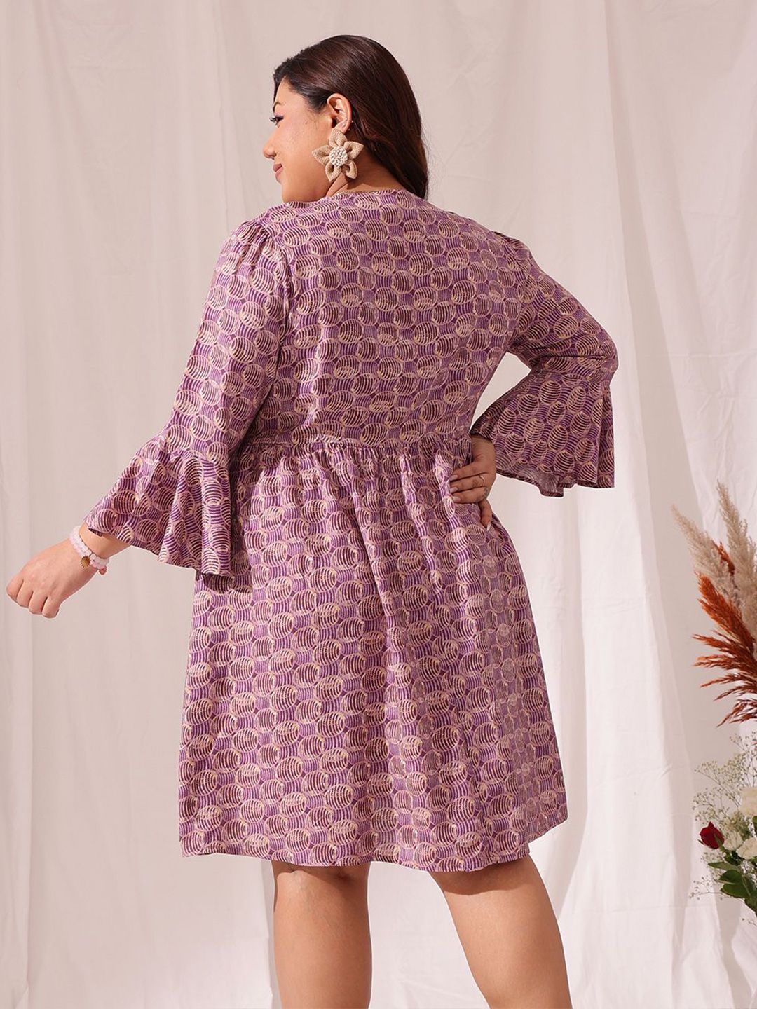 CURVY STREET Plus Size Floral Printed Bell Sleeve Fit & Flare Dress