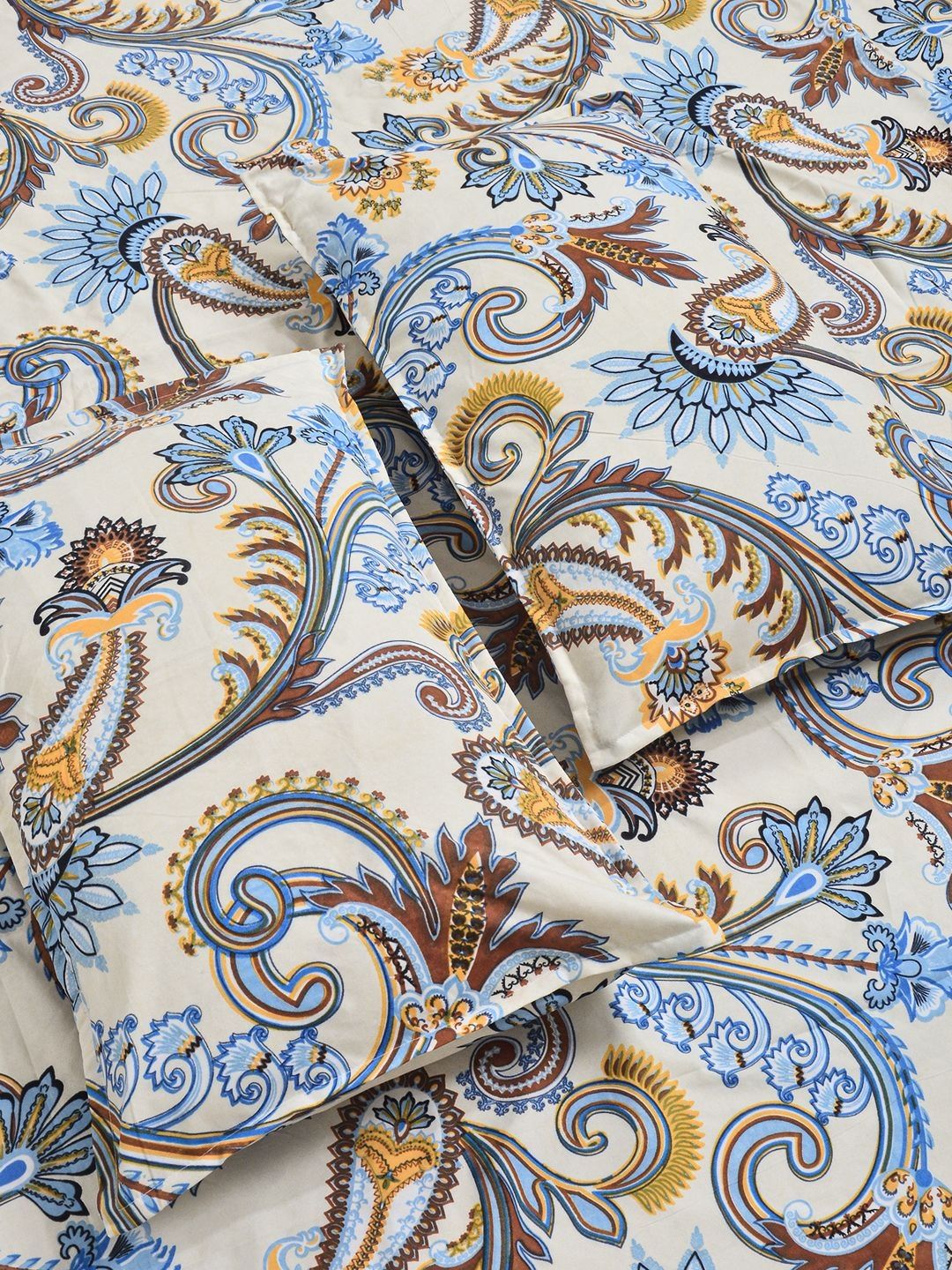 Aura Cream Colored & Blue Printed Set Cadar King 300 TC 2.5 m x 2.25 m